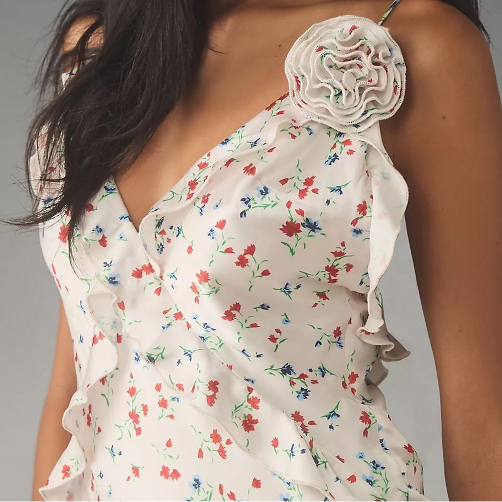 Anthropologie Bardot White Satin Midi Slip Dress Red, Blue & Green Floral Print